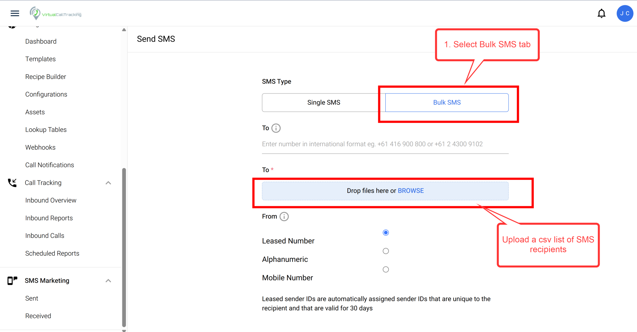 Virtual Call Tracking - SMS Sending Options